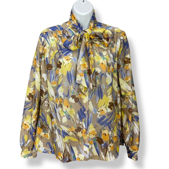 Vintage 1970s Secretary Blouse Tie Neck Bow Abstract Paint Splash Pattern Retro - Picture 1 of 14